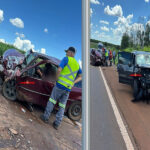 Colisão frontal deixa motorista preso nas ferragens na SP-215